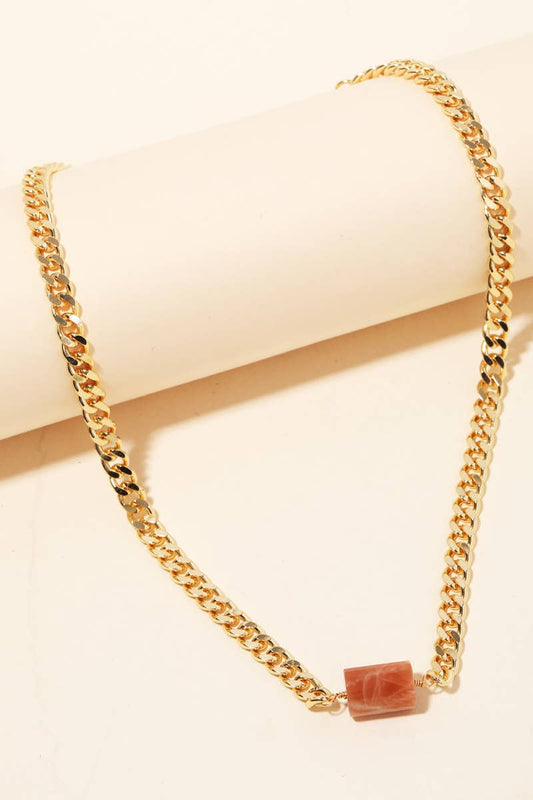 Curb Chain Link Stone Charm Necklace