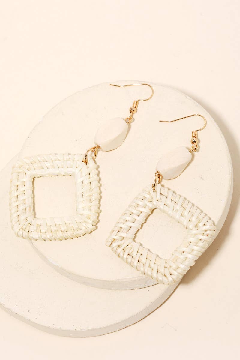 Straw Braided Square Drop Earrings-white