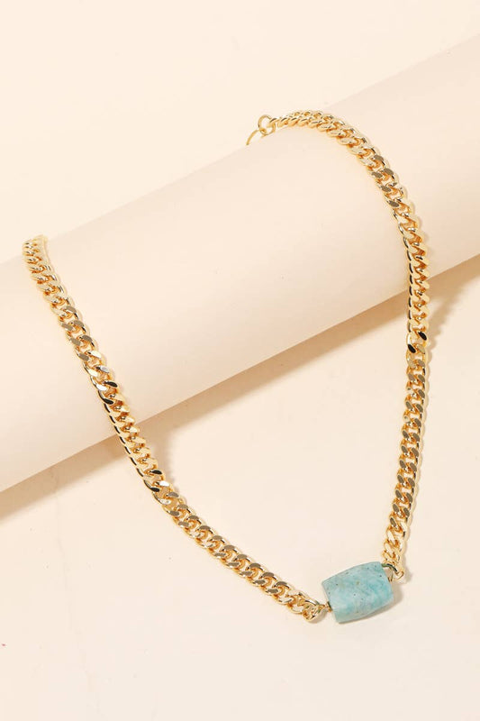 Curb Chain Link Stone Charm Necklace